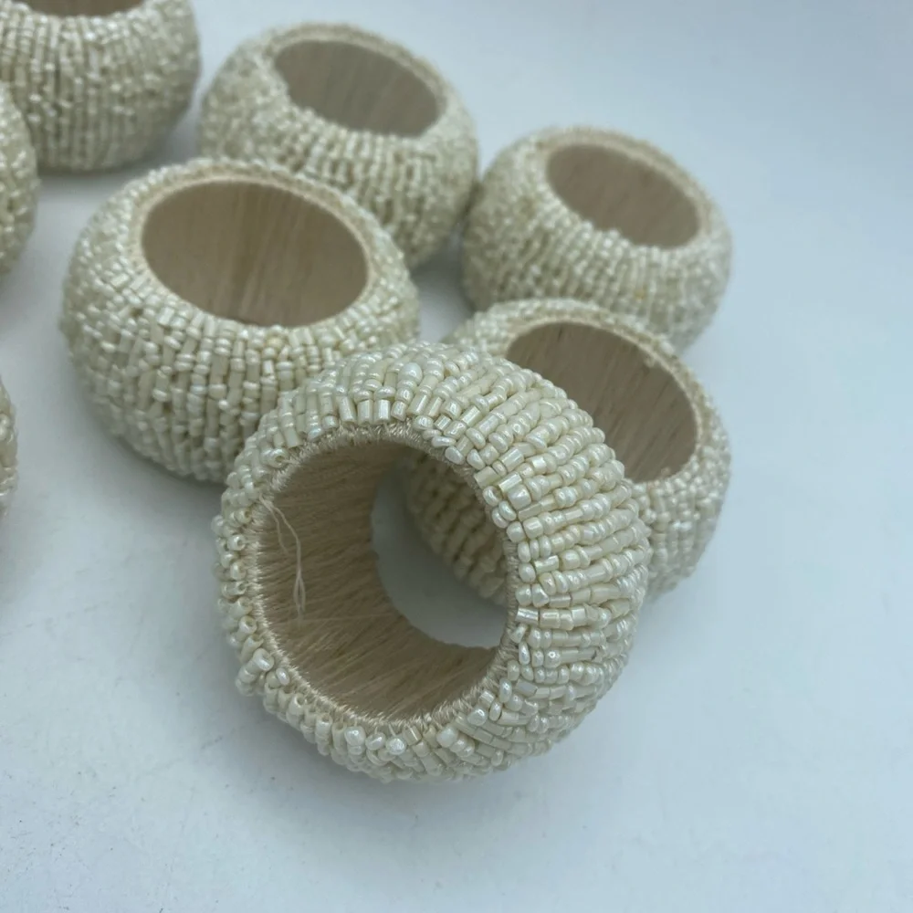 VTG Set Of 9 Beaded Cream Color Chunky Napkin Rings Holders